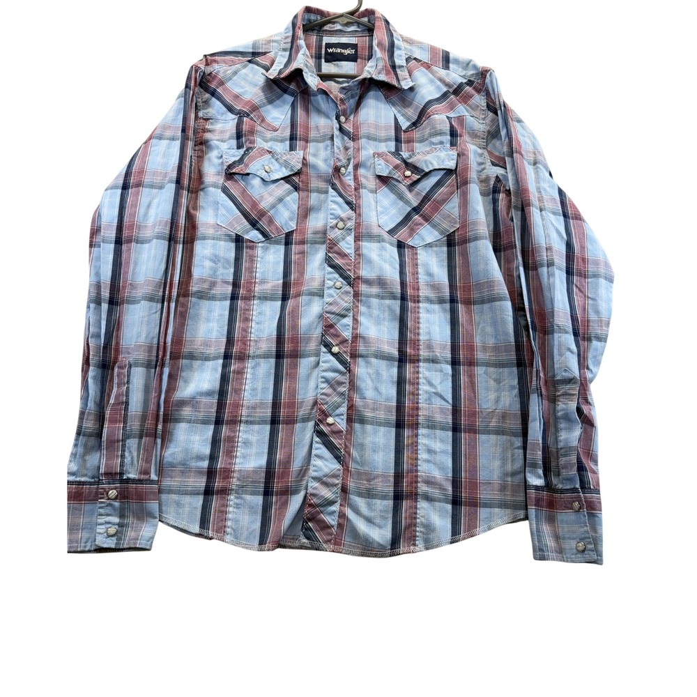 Wrangler Shirt Mens Large Blue Plaid Western Snap Button Long Sleeve 10MVG346M